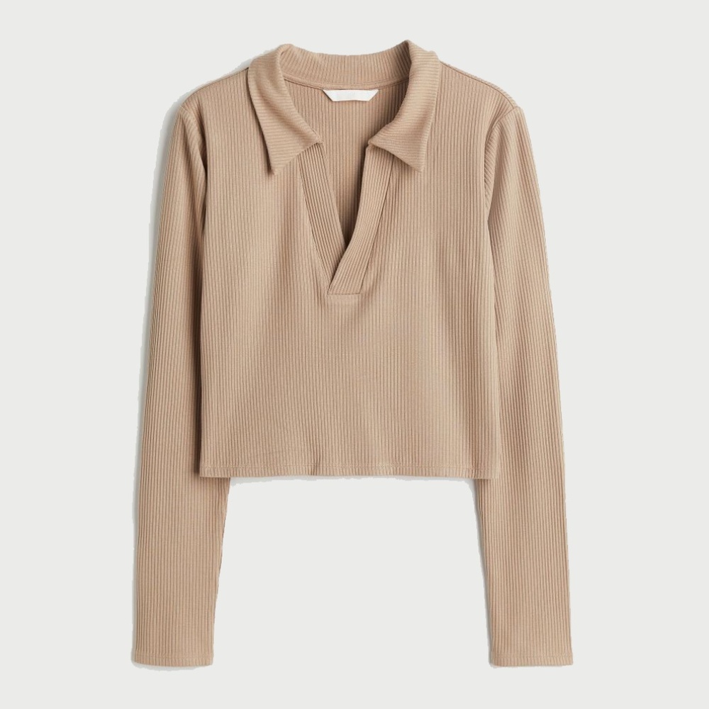 HM Cropped Collared Ribbed Top Taupe Beige